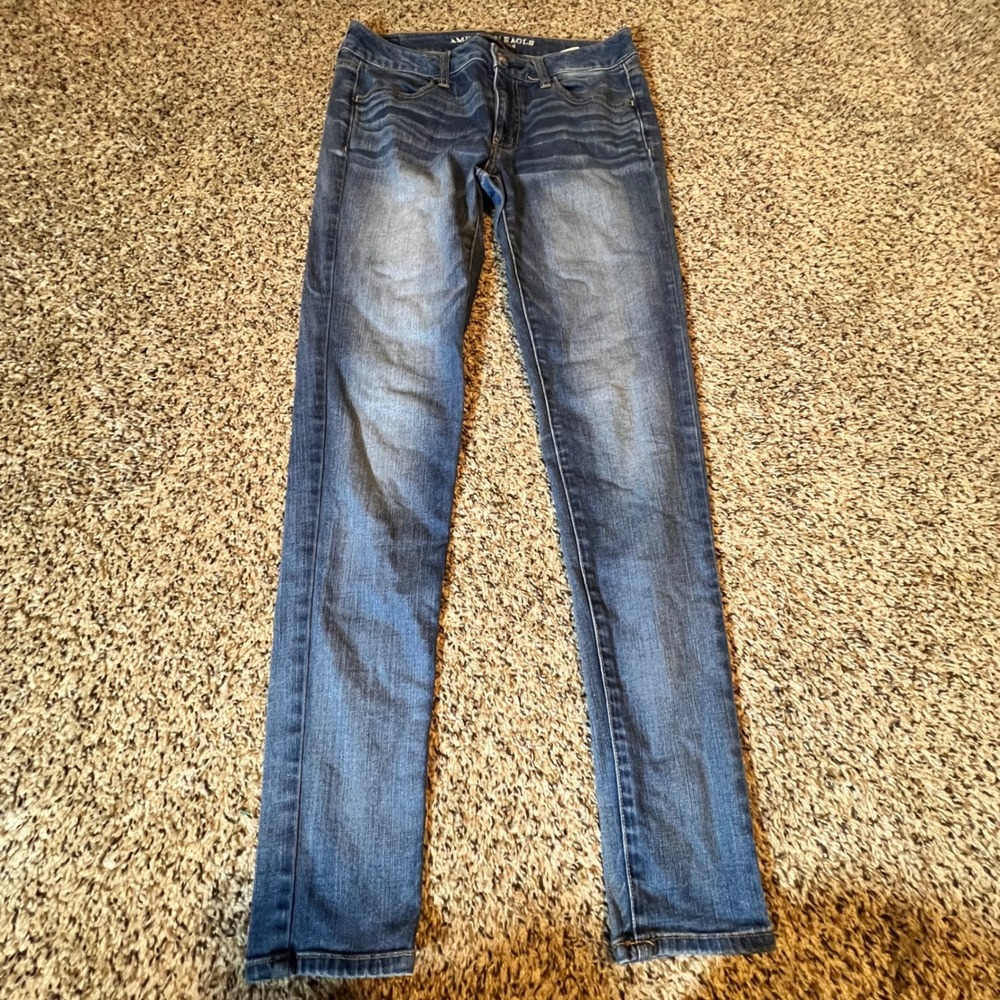 American‎ Eagle Super Stretch Jeggings Womens 8 Long Medium Wash Blue Slim Denim